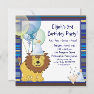 Lion Balloons Boy 3rd Birthday Party Invitation