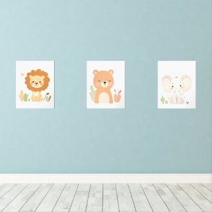 Lion, Bear & Elephant Nursery Wall Art Set