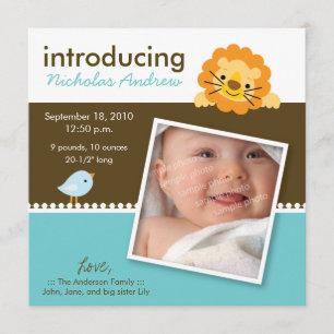 Lion & Birdie Designer Birth Announcement (blue)