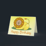 Lion Birthday Card<br><div class="desc">A birthday card featuring an illustration of a lion sitting on green grass.  Orange customisable text reads "Happy Birthday."  Inside bottom features an illustration of a leaf.  Personalise with your own message inside.</div>