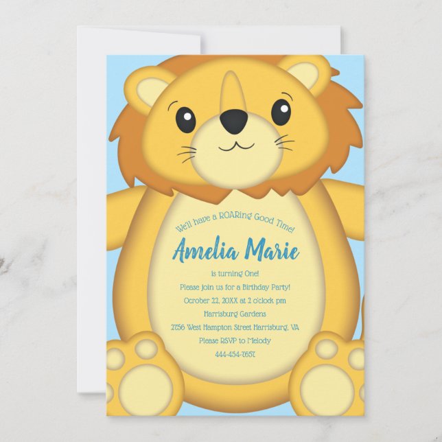 Lion Birthday Party Blue Invitation (Front)