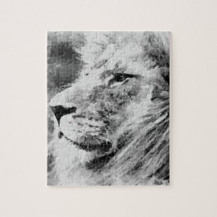 Lion Black and White  Mixed Media Digital Art Jigsaw Puzzle
