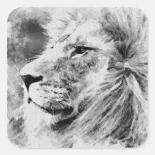 Lion Black and White Mixed Media Digital Art Square Sticker