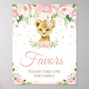 Lion Blush Pink Floral Baby Shower Birthday Favour Poster