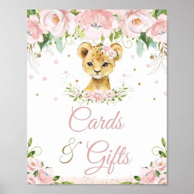 Lion Blush Pink Floral Baby Shower Cards and Gifts Poster (Front)