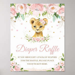 Lion Blush Pink Floral Baby Shower Diaper Raffle Poster