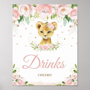 Lion Blush Pink Floral Baby Shower Drinks Cheers  Poster