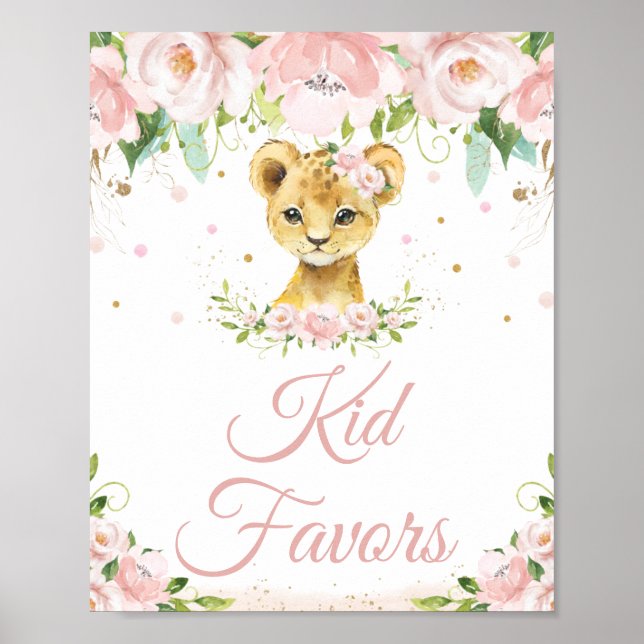 Lion Blush Pink Floral Birthday Party Kid Favours  Poster (Front)