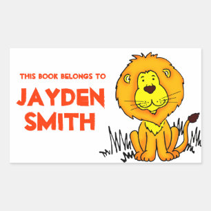 Lion book plate name orange white id label sticker
