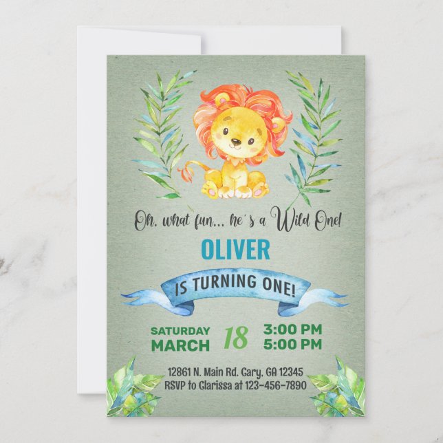 Lion boy 1st first birthday invitation. invitation (Front)