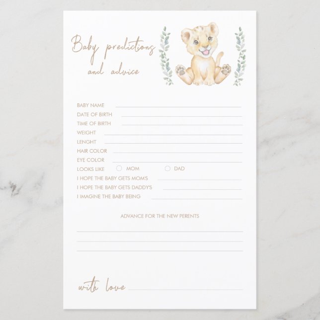 Lion Boy Baby Shower Predictions And Advice Card (Front)