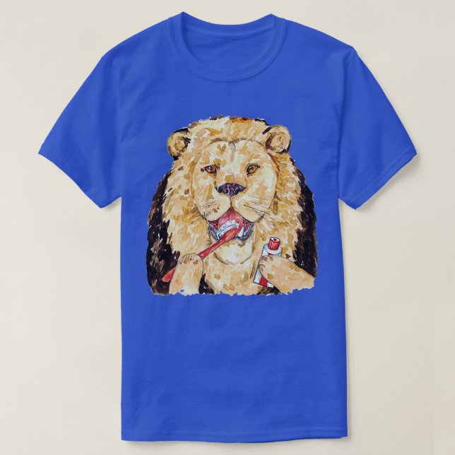 Lion brushing teeth bath watercolor painting T-Shirt (Design Front)