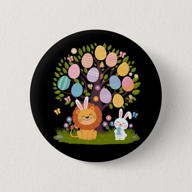 Lion Bunny Easter Cute Tree Hunting Eggs 6 Cm Round Badge (Front)