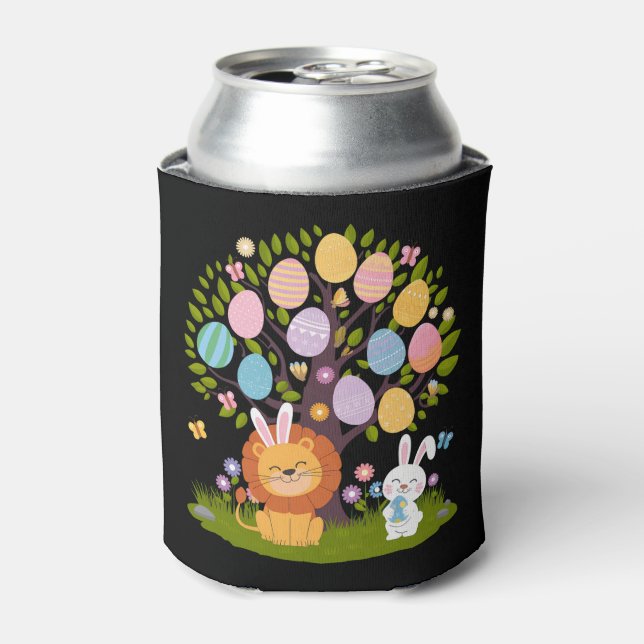 Lion Bunny Easter Cute Tree Hunting Eggs Can Cooler (Can Front)