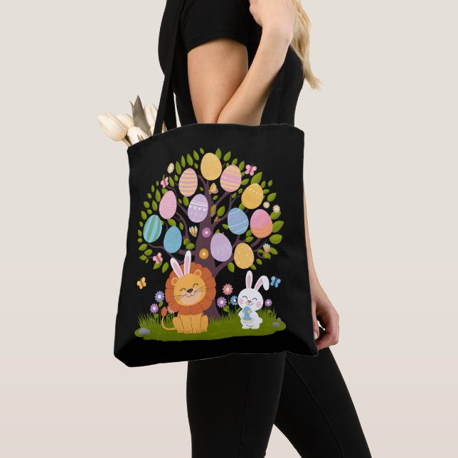 Lion Bunny Easter Cute Tree Hunting Eggs Tote Bag (Close Up)