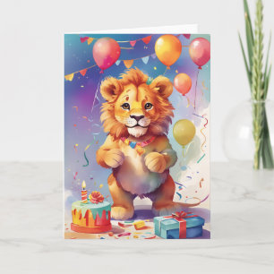 Lion Celebrating at Party with Cake Card
