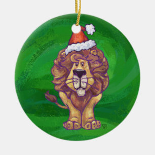 Lion Christmas On Green Ceramic Tree Decoration