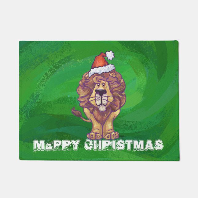 Lion Christmas On Green Doormat (Front)