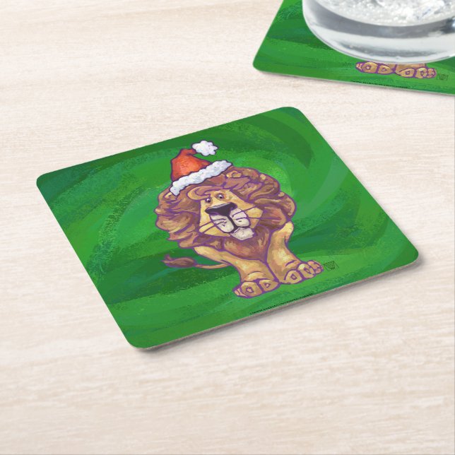 Lion Christmas On Green Square Paper Coaster (Angled)