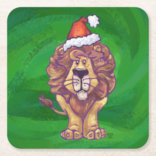Lion Christmas On Green Square Paper Coaster (Front)