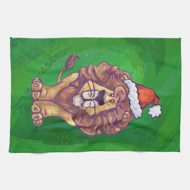 Lion Christmas On Green Tea Towel (Horizontal)