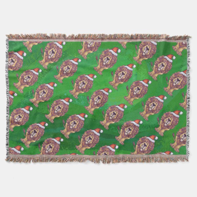 Lion Christmas On Green Throw Blanket (Front)