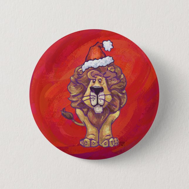 Lion Christmas On Red 6 Cm Round Badge (Front)