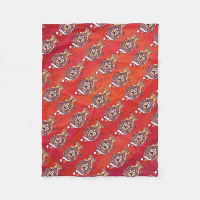 Lion Christmas On Red Fleece Blanket (Front)