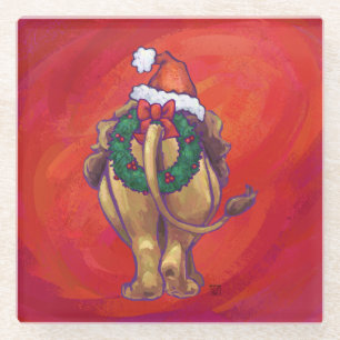 Lion Christmas On Red Glass Coaster