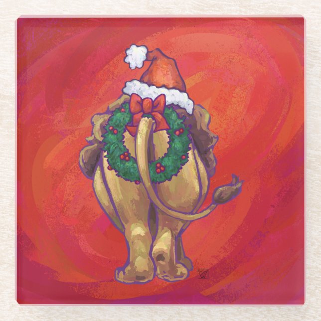 Lion Christmas On Red Glass Coaster (Front)
