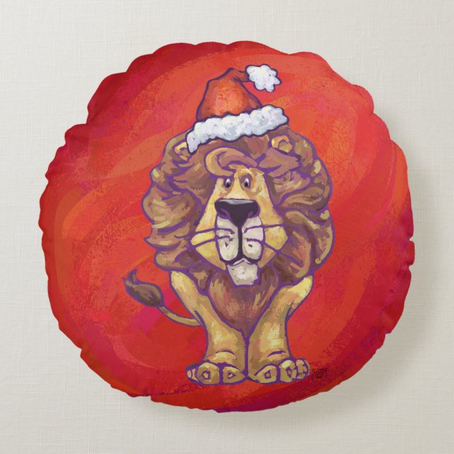 Lion Christmas On Red Round Cushion (Front)