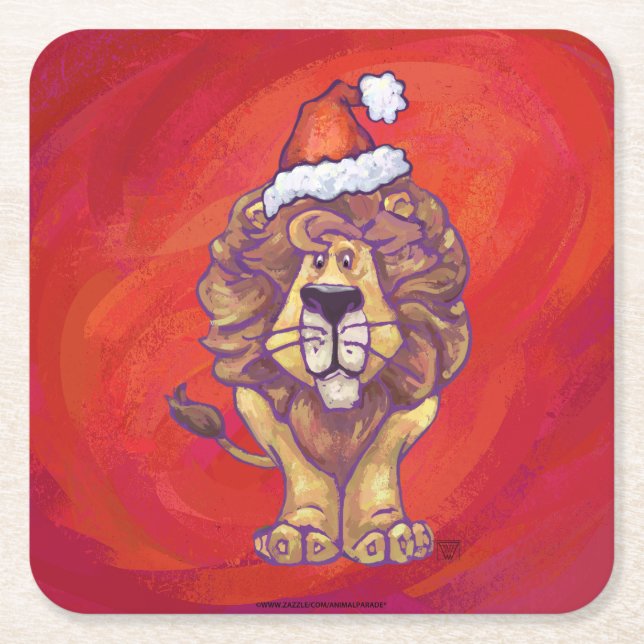 Lion Christmas On Red Square Paper Coaster (Front)