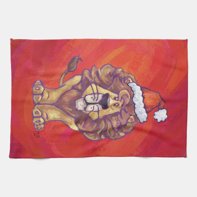 Lion Christmas On Red Tea Towel (Horizontal)