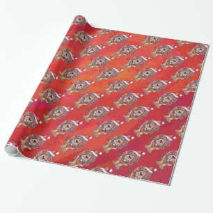Lion Christmas On Red Wrapping Paper