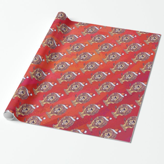 Lion Christmas On Red Wrapping Paper (Unrolled)