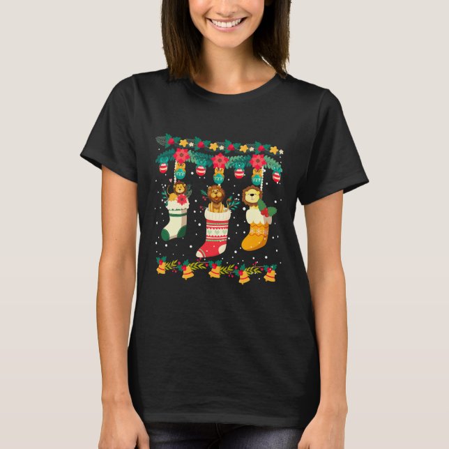 Lion Christmas Stocks X mas Lights Pajama T-Shirt (Front)