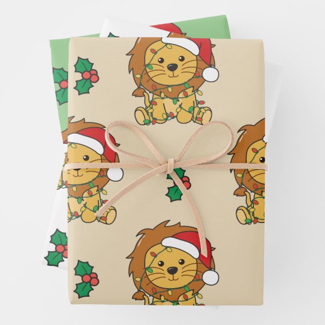 Lion Christmas Winter Animals Holiday Lions Wrapping Paper Sheet (In situ)