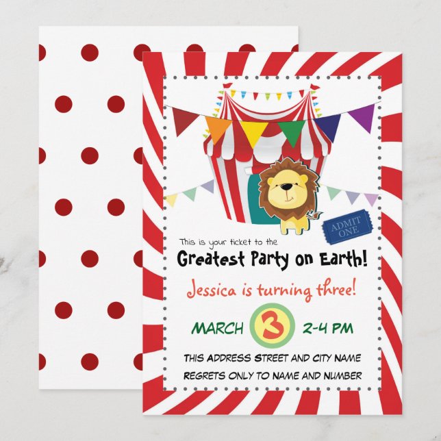 Lion Circus Birthday Party Invitation (Front/Back)