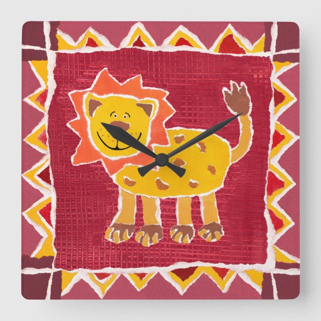 Lion Collage Print Jungle Safari Themed Square Wall Clock (Front)