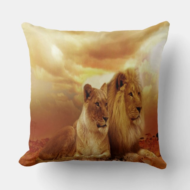 Lion Couple At Sunset Cushion (Front)