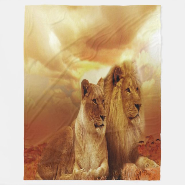 Lion Couple At Sunset Fleece Blanket (Front)