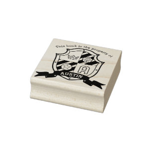 Lion crest letter A kids library name rubber stamp