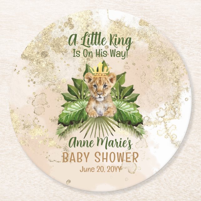 Lion Cub A Little King Is On His Way Baby Shower Round Paper Coaster (Front)
