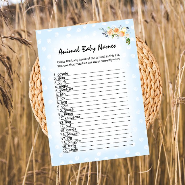Lion Cub Floral Blue Animal Baby Names Shower Game Programme (Creator Uploaded)