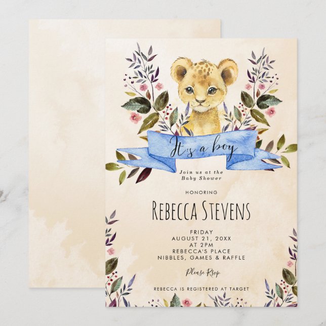Lion cub floral boy baby shower invitation (Front/Back)