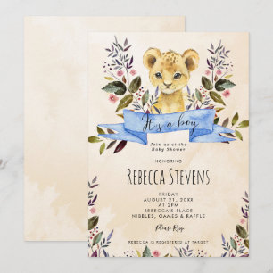 Lion cub floral boy baby shower invitation
