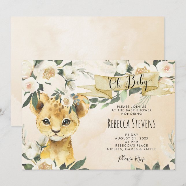 Lion cub floral neutral baby shower invitation (Front/Back)