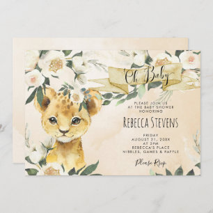Lion cub floral neutral baby shower invitation