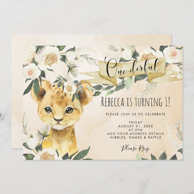 lion cub floral onederful 1st birthday invitation (Front/Back)