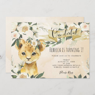 lion cub floral onederful 1st birthday invitation